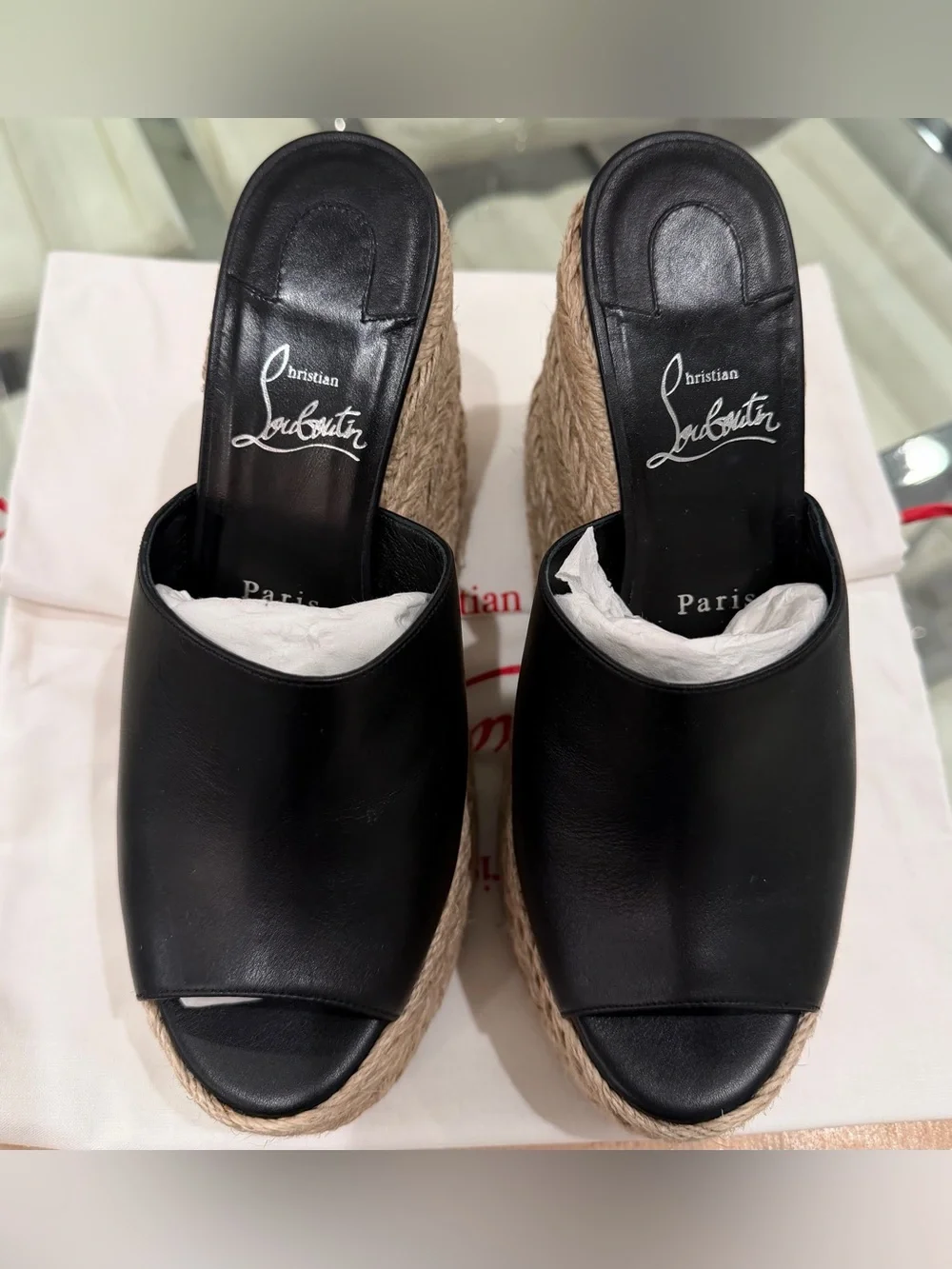 Christian Louboutin Black Leather Espadrille Wedge Sandals with Red Sole